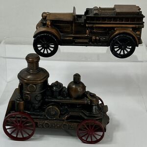 Vtg Banthrico Coin Bank Music Box Set 1924 Ahrens Fire Truck Steam Engine Bronze